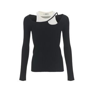 Black and White Asymmetrical Collar Long Sleeve Blouse